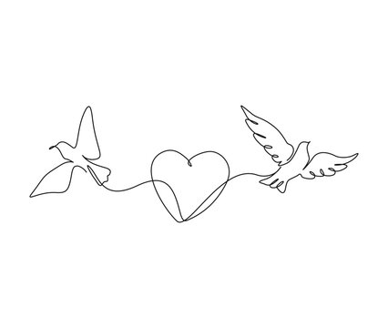 Continuous one line drawing of lovely dove couple. Minimalist bird, dove, pigeon outline design. Editable active stroke vector.