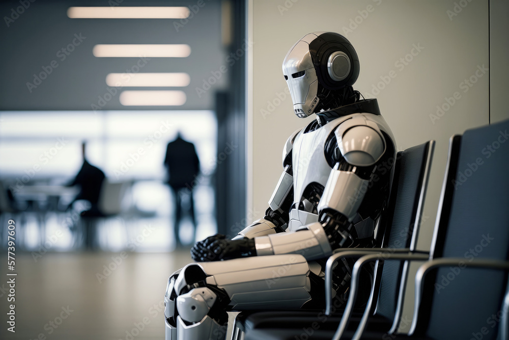 Poster a robot waiting in a modern office for a job interview. ai artificial intelligence technology at wor