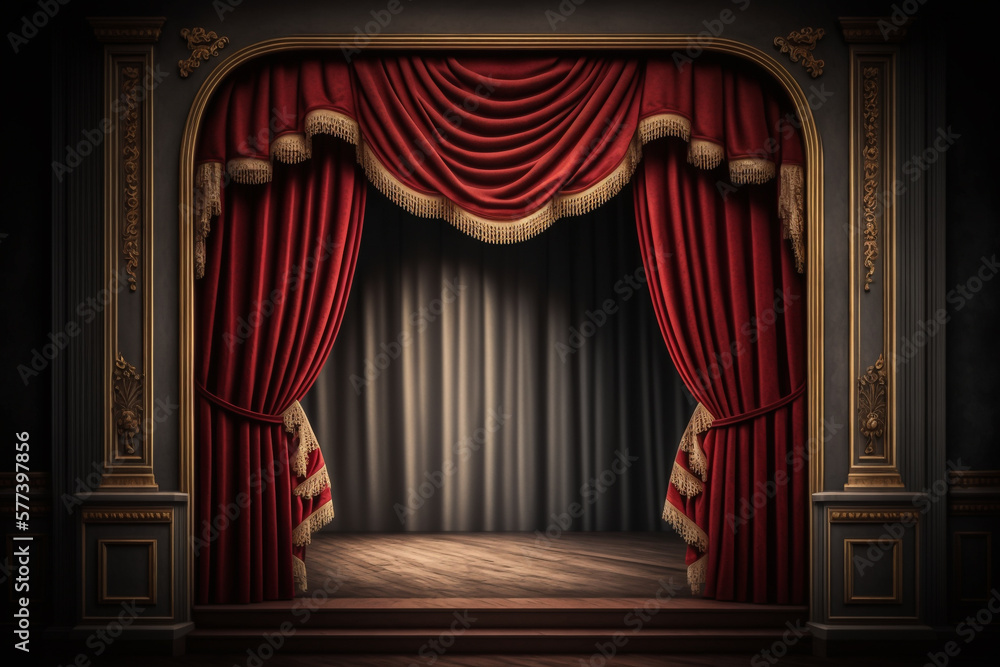 Poster empty theater stage with red curtains. generative ai