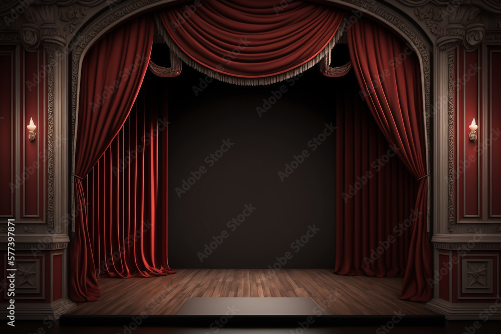 Poster empty theater stage with red curtains. generative ai