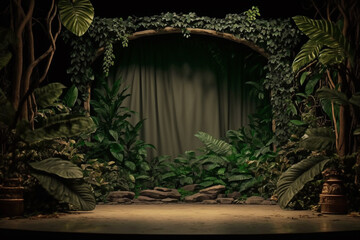 empty scene for advertising with green tropical jungle leaves Generative AI