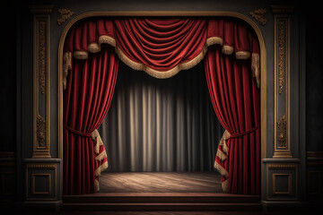 empty theater stage with red curtains. Generative AI