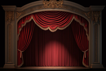 empty theater stage with red curtains. Generative AI