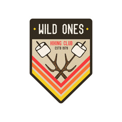 Camping explorer logo badge vector design with marshmallow. Camp badge graphics in retro style. Travel colorful emblem. Stock vector label isolated