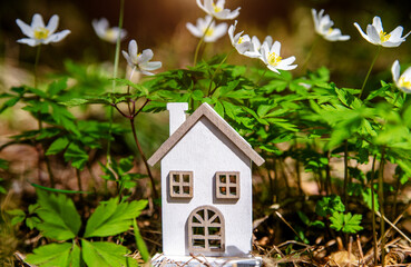 The symbol of a house in a forest clearing among white snowdrops
