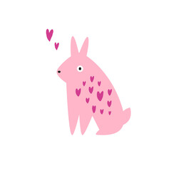 Vector illustration of a pink rabbit, bunny in hearts in a modern trendy flat style.