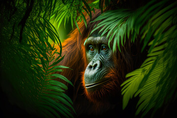 Muzzle of orangutan profile silhouette with leaves of tropical vegetation of exotic forests. The concept of protecting animals and vegetation environment. Generative AI