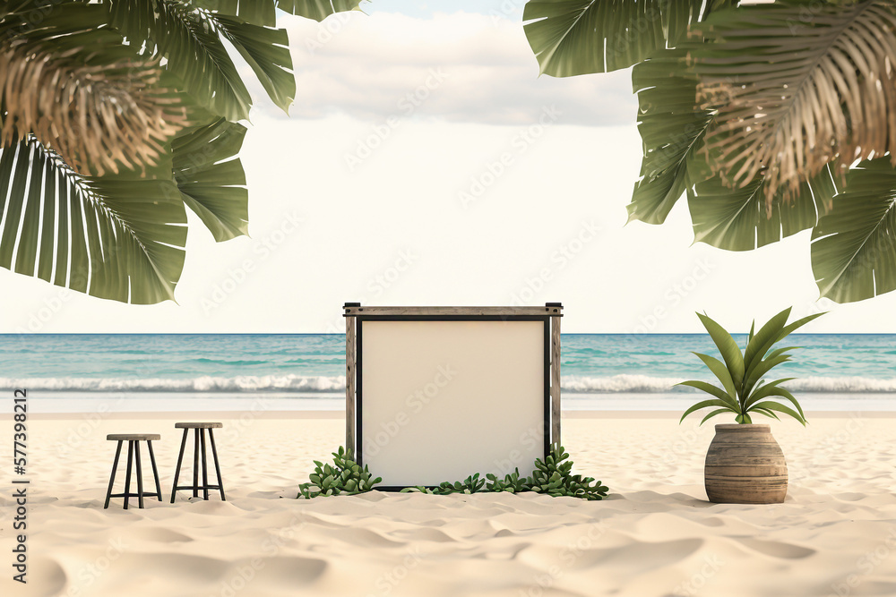 Poster empty space mockup frame with palm leaves on beach sand sea summer background generative ai