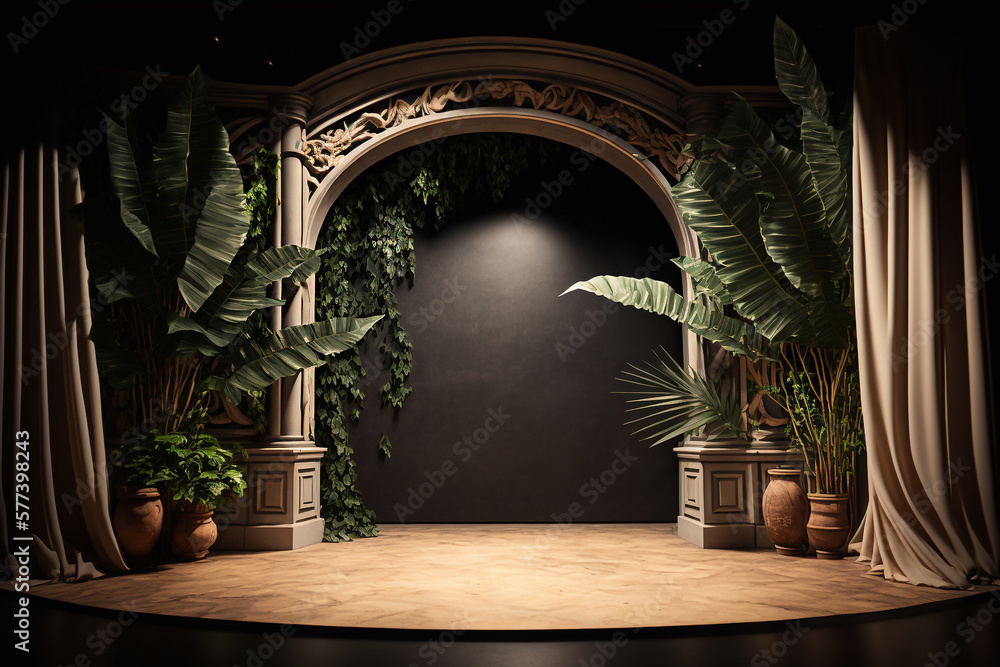 Poster lighting tropical room empty space stage in the middle and palm leaves generative ai