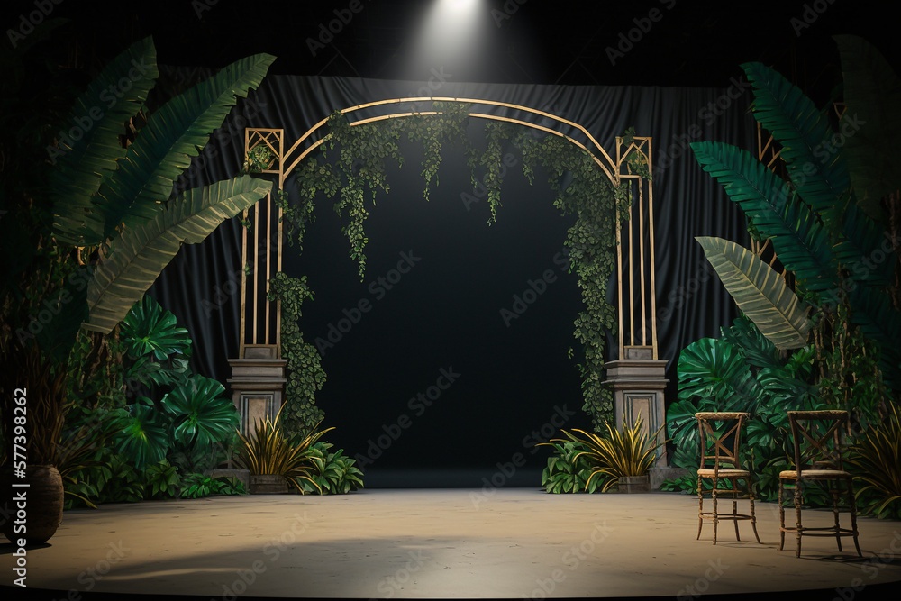Poster lighting tropical room empty space stage in the middle and palm leaves generative ai