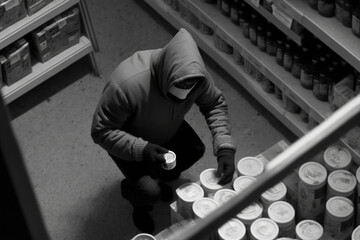 An man in mask and hood puts canned food in his bag, stealing in shop created with Generative AI technology - obrazy, fototapety, plakaty