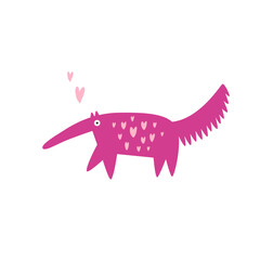 Vector illustration of a pink anteater in hearts in a modern trendy flat style.