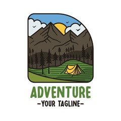 Camping adventure logo badge vector design with mountains landscape. Camp badge graphics in retro style. Travel colorful emblem. Stock vector label isolated