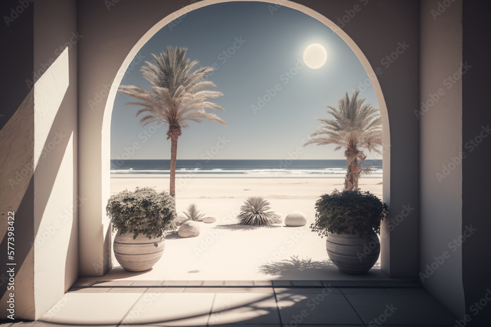 Poster sunny summer beach with palm trees and the sea and the rays of the sun breaking through the arch gen