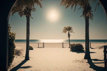 Fototapeta na wymiar sunny sandy summer beach with palm trees, vacation trip Generative AI