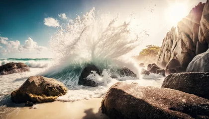 Fotobehang Waves crashing against the rocks on a beach in the sunshine-Splashing water-wide angle landscape at the beach-Generative AI © simon