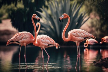 Pink flamingos on the lake with tropical plants Generative AI