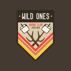 Camping explorer logo badge vector design with nature landscape. Camp badge graphics in retro style. Travel colorful emblem. Stock vector label