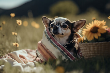 wrapped in clothes funny dog pet chihuahua outdoors Generative AI