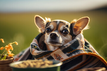 wrapped in clothes funny dog pet chihuahua outdoors Generative AI