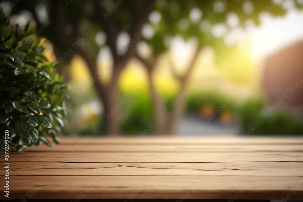Poster wooden table empty display on green blurred garden background copy space generative ai