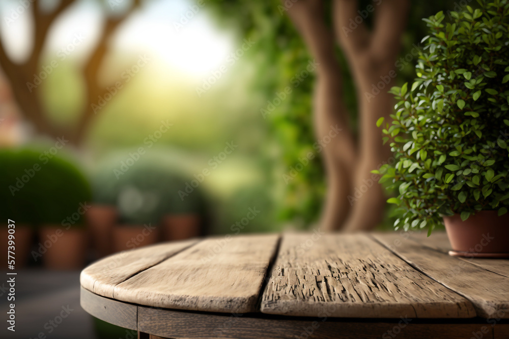 Aufkleber wooden table empty display on green blurred garden background copy space generative ai