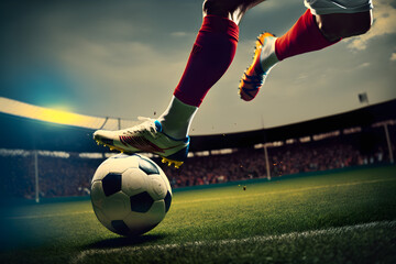 Naklejka premium Dynamic active football game in the stadium. Close up view of feet and cleats with ball on grass. Generative AI