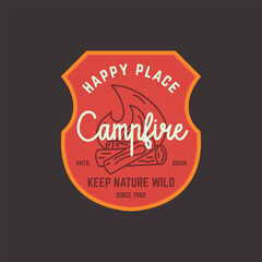 Camping logo badge vector design with campfire. Camp badge graphics in retro style. Travel colorful emblem. Stock vector label