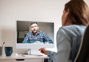 Two people woman and man have video call online meeting.