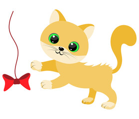 Red kitten plays with a bow. Vector illustration