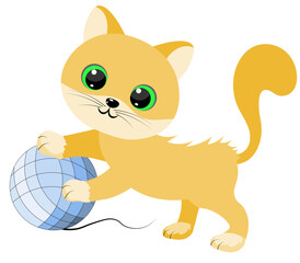 Red kitten plays with a ball of wool. Vector illustration