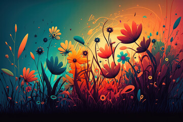 Illustration of colorful flowers in front of a sunset, colorful flower meadow sunset created with generative AI technology
