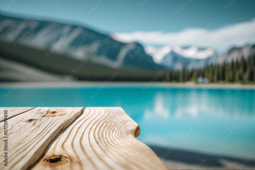 Poster empty display wooden table and forest lake background empty copy space generative ai.