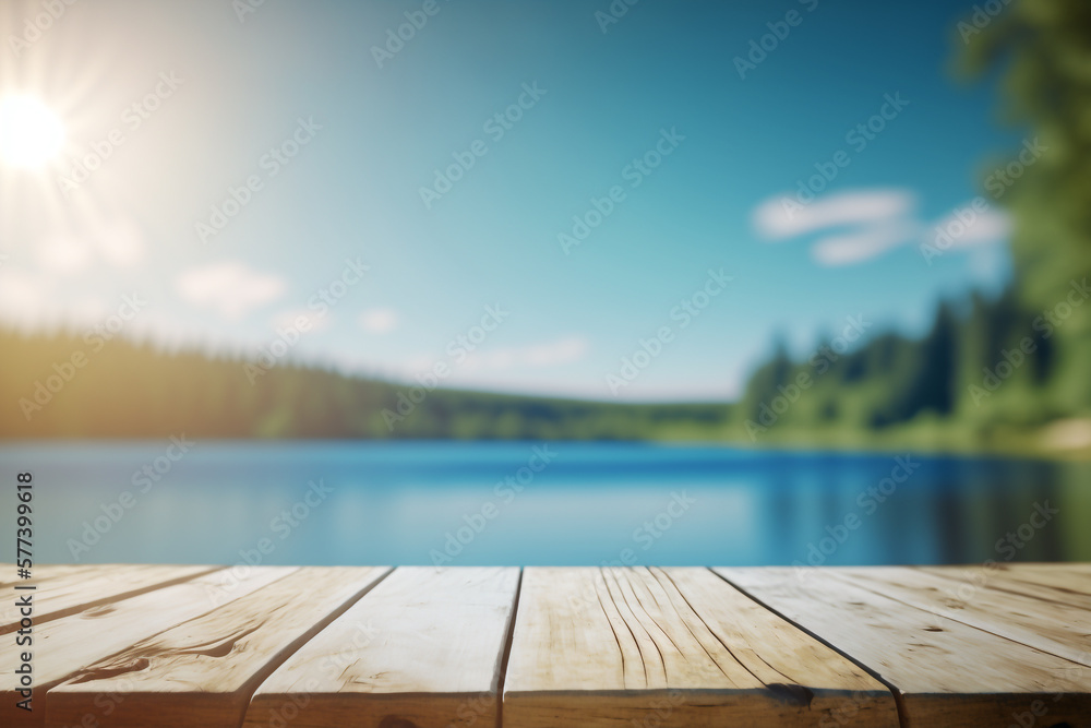 Poster empty display wooden table and forest lake background empty copy space generative ai.