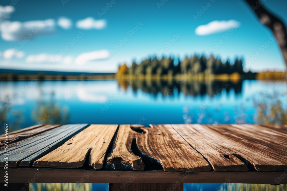 Poster wooden table on the background of a forest lake empty copy space generative ai