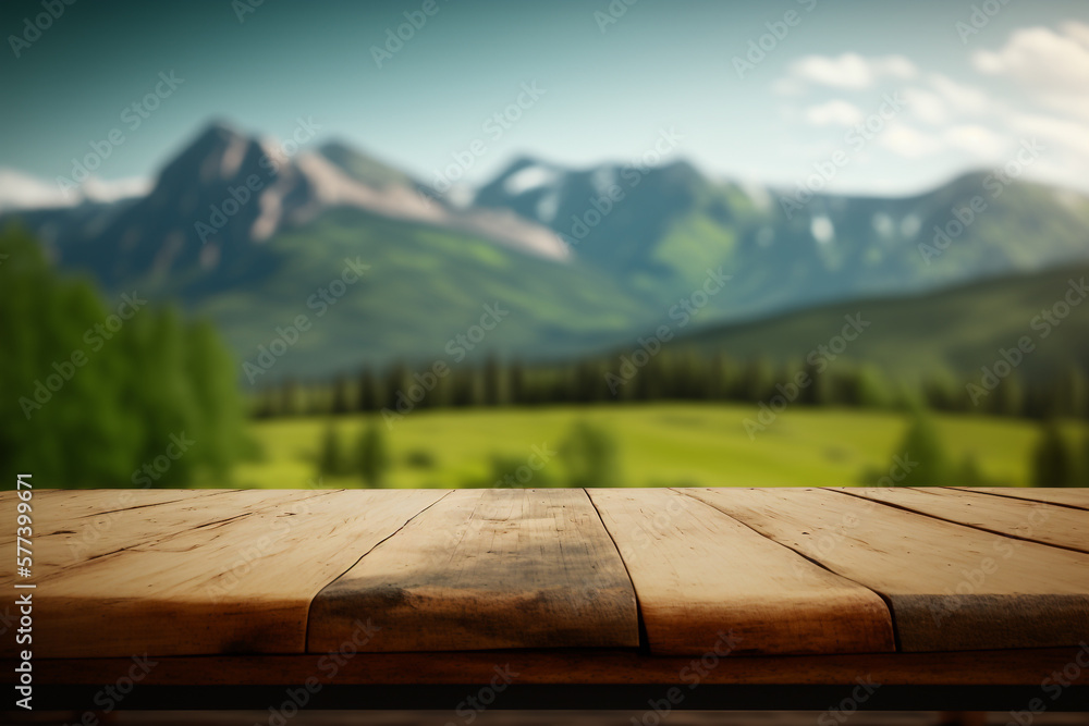Poster empty display wooden table on green field and forest mountains background empty copy space generativ