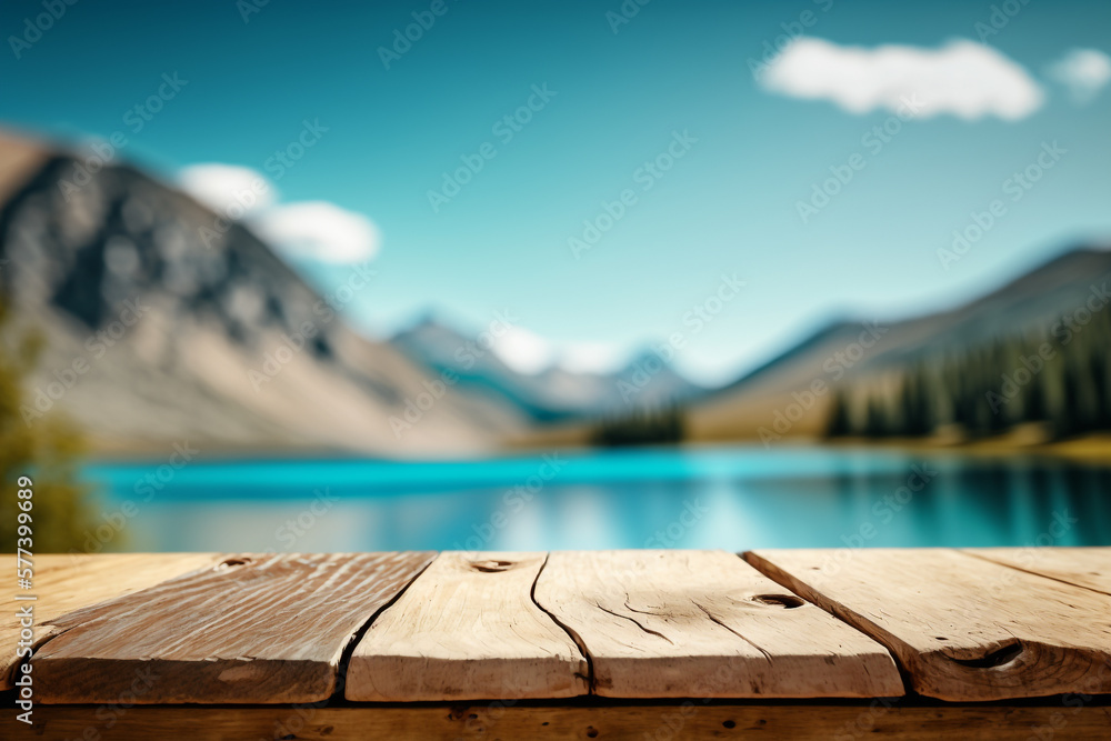 Poster empty display wooden table and forest lake background empty copy space generative ai.