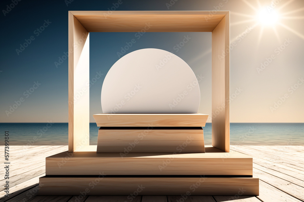 Poster wooden podium with empty space with summer sun and beach generative ai