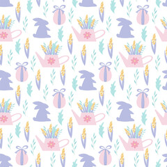 Obraz na płótnie Canvas Easter seamless pattern with eggs, bunnies and flowers. Cute spring surface design for wrapping paper, scrapbooking, textile, fabric and prints.