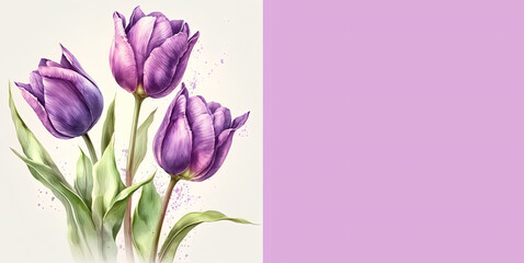 Purple tulips, spring violet tulips with green stems and leaves, isolated on white-light background. Generative AI.