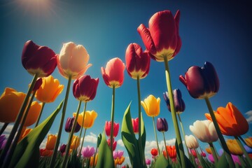 Colorful tulips in blue sky - Generative AI