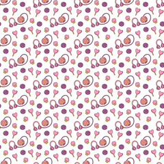 Cute seamless pattern with CD player, CD, cupcake and lollipop. Color cartoon vector illustration.