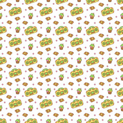 Cute seamless pattern with record player, cassette and ice cream. Color cartoon vector illustration.