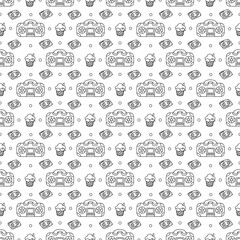 Cute seamless pattern with record player, cassette and ice cream. Black and white cartoon vector illustration.