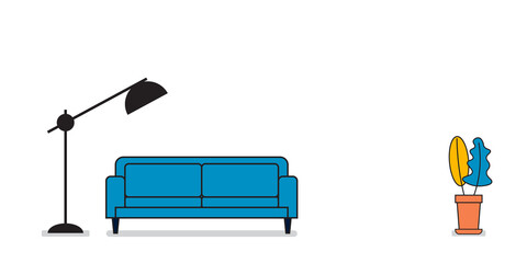 Modern sofa with a lamp and plant, cute interior in flat style