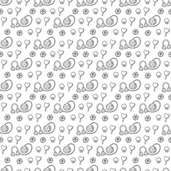 Cute seamless pattern with CD player, CD, cupcake and lollipop. Black and white cartoon vector illustration.