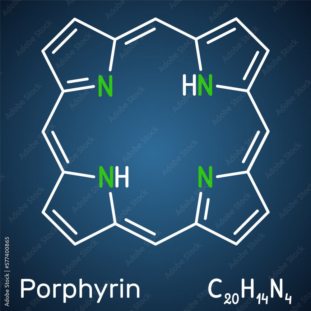 Sticker Porphine or Porphyrin, member of porphyrins molecule. It is class of macrocyclic aromatic compounds, as heme cofactor of hemoglobin, cytochromes. Dark blue background.