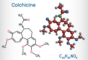 Colchicine molecule. It is alkaloid with anti-gout and anti-inflammatory activities, used in the symptomatic relief of pain. Structural chemical formula, molecule model.