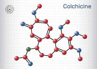 Colchicine molecule. It is alkaloid with anti-gout and anti-inflammatory activities, used in the symptomatic relief of pain. Structural chemical formula, molecule model. Sheet of paper in a cage.