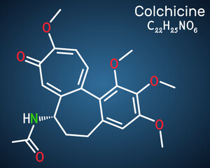 Colchicine molecule. It is alkaloid with anti-gout and anti-inflammatory activities, used in the symptomatic relief of pain. Structural chemical formula on the dark blue background.